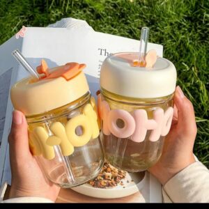 Pearl Chain Glass Cup Female High Beauty Household Water Cup Portable Breakfast Milk Cup Cute glass Straw Double Drinking coffee Cup best for gift way trader