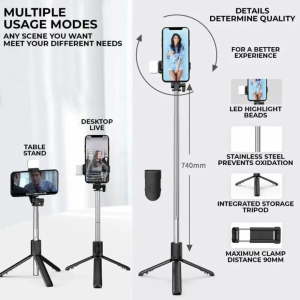 R1s Bluetooth Selfie Sticks with Remote and Selfie Light 3-in-1 Multifunctional Selfie Stick Tripod Stand Mobile Stand Compatible with All Phones 360° Rotation Long Selfie Stick with LED Fill Light - Image 6